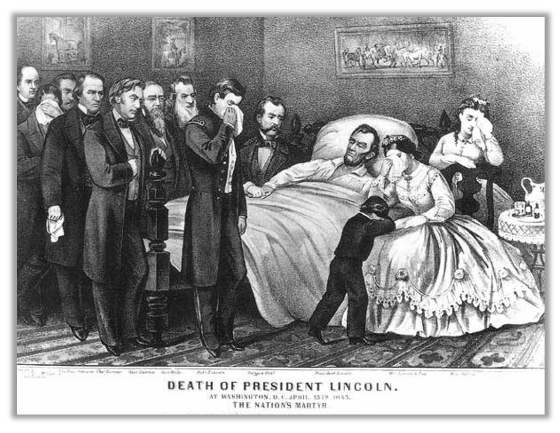 Currier & Ives sketch showing Lincoln on his death bed.