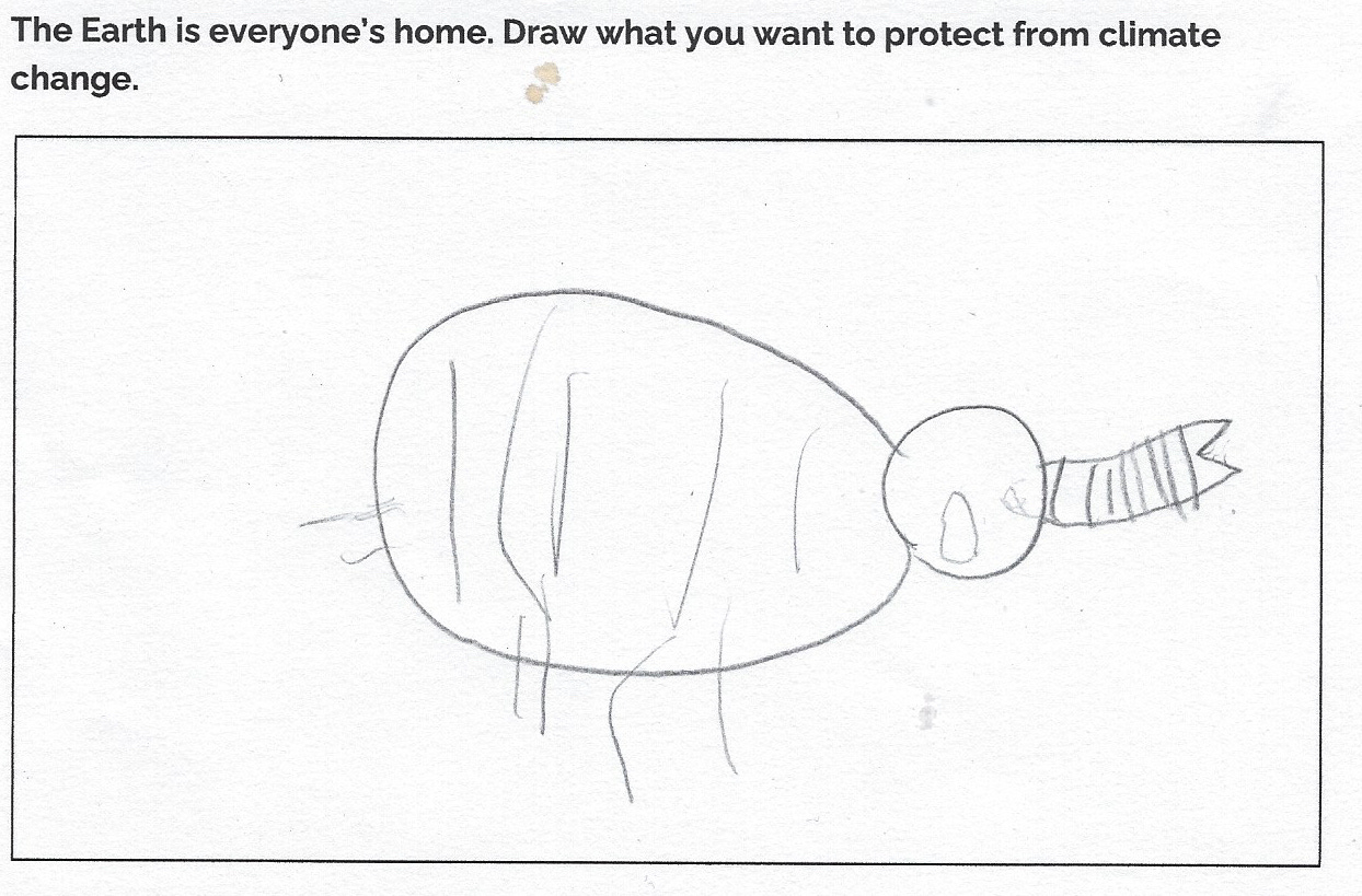 A child's illustration of an elephant with the prompt "The Earth is everyone's home. Draw what you want to protect from climate change."