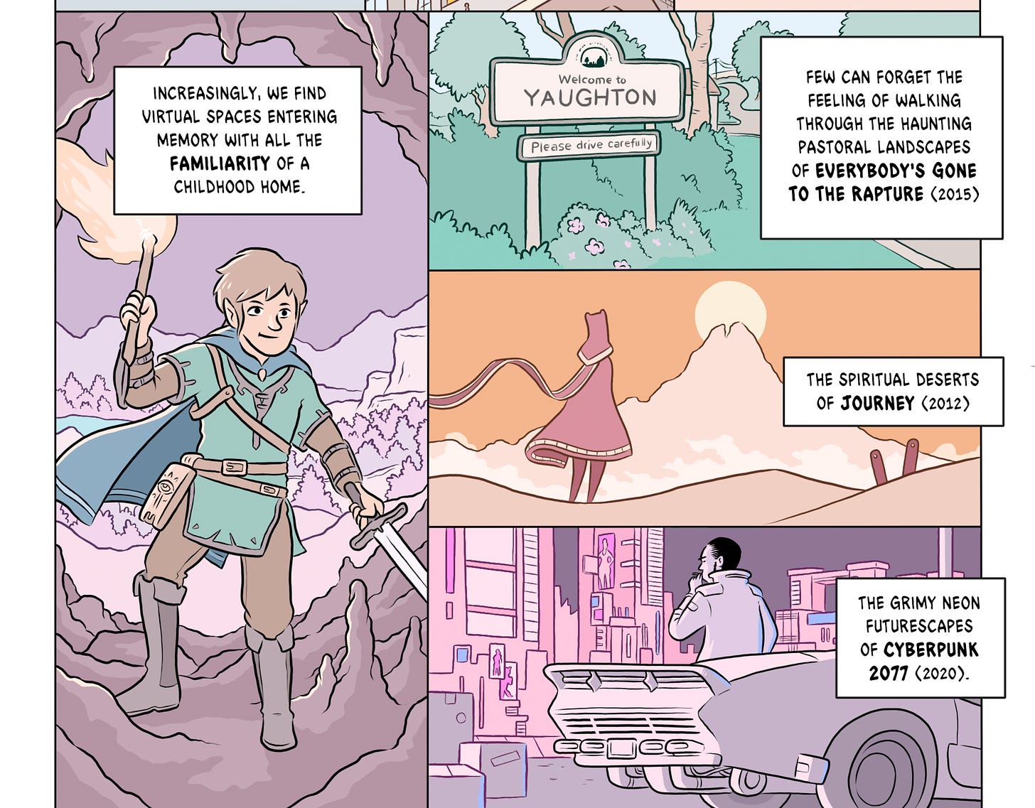 Illustrated images from Breath of the Wild, Everybody's Gone to the Rapture, Journey and Cyberpunk 2077. The Cyberpunk image shows a man leaning against his car infront of a futuristic megopolis. The text describes the unforgettable feeling of playing games in these diverse settigns.