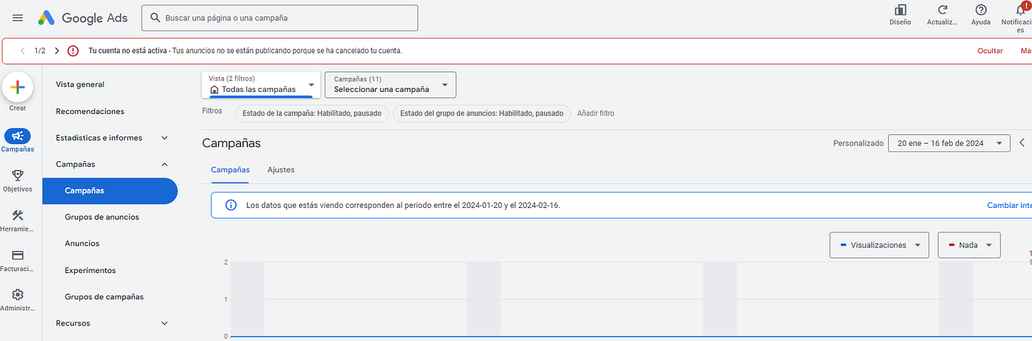 Ejemplo de plataforma de Google Ads.