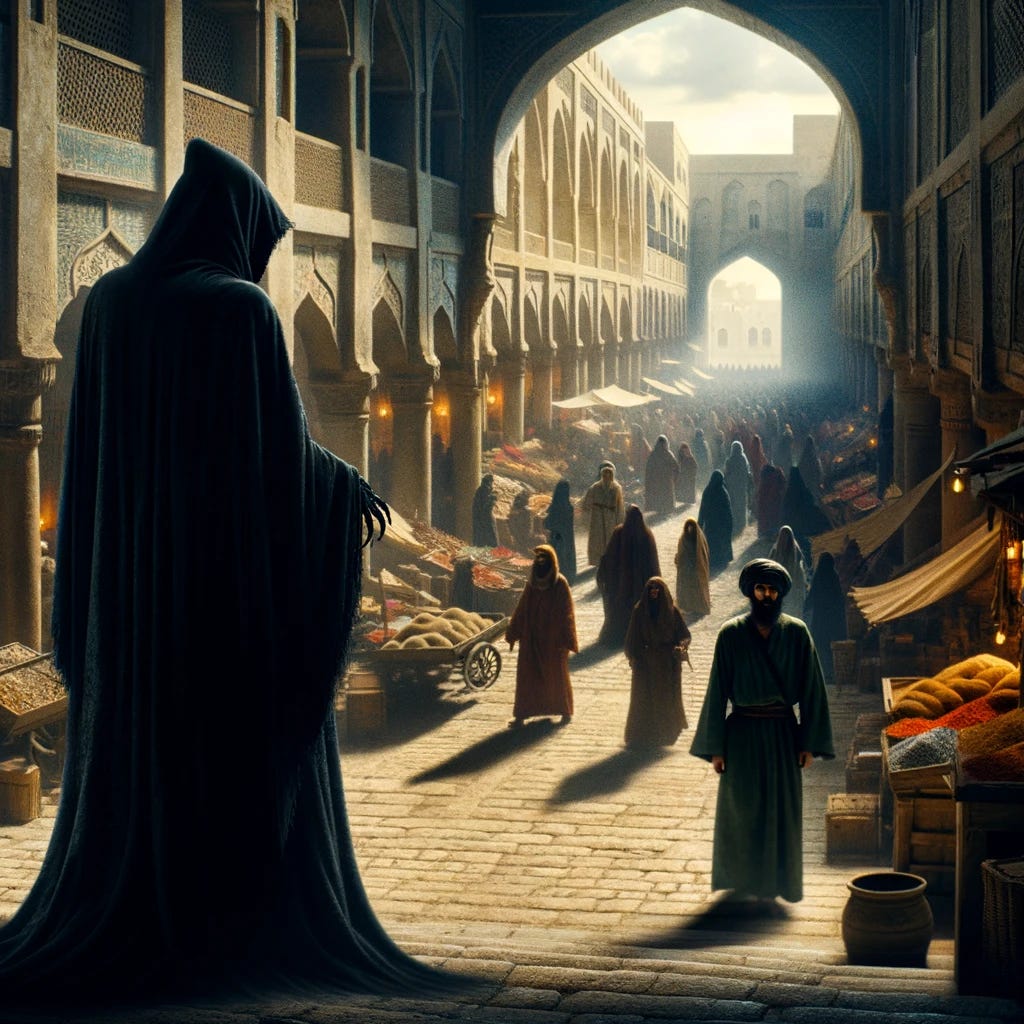 A shadowy, cloaked figure representing Death in the bustling ancient marketplace of Samara, watching a servant from a distance. The marketplace is lively with vendors and citizens, set in an ancient Middle Eastern city. The architecture is traditional, with crowded stalls and vibrant activity, contrasting with the ominous presence of Death. The scene captures the essence of fate and inevitability, illustrating the parable about destiny and the inescapability of death in a profound and atmospheric setting.