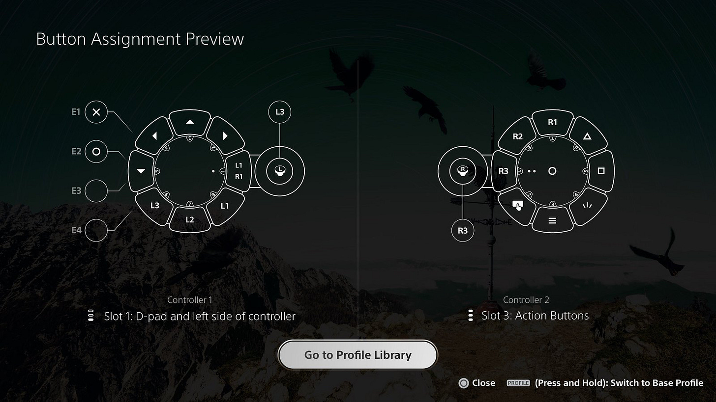 A screenshot of a computer screen displaying a diagram and buttons, related to the settings and preferences menu of a the Playstation Access™ Controller. The diagram depicts different parts and components, while the buttons offer navigation options within the menu. The image has a dark background, with the focus on the diagram and buttons.