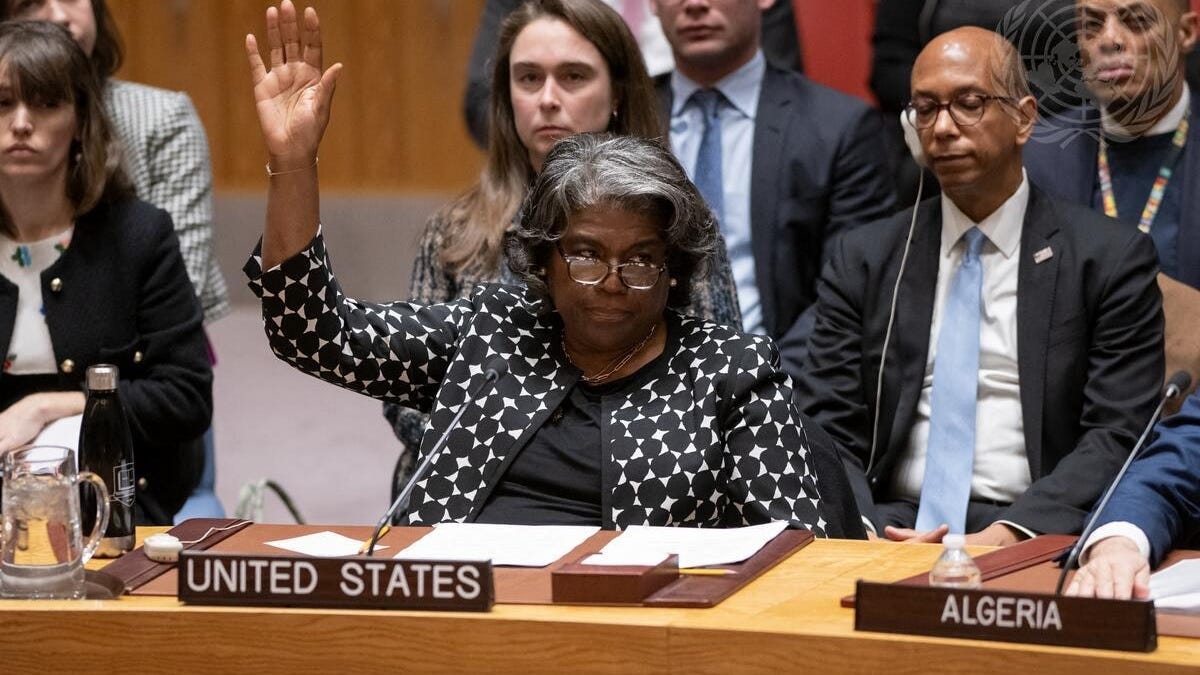 Linda Thomas-Greenfield, Representative of the US to the UN, vetoes a security council resolution calling for an immediate ceasefire in Gaza for the third time at the UN headquarters on 20 February 2024 in New York City, NY (Reuters)
