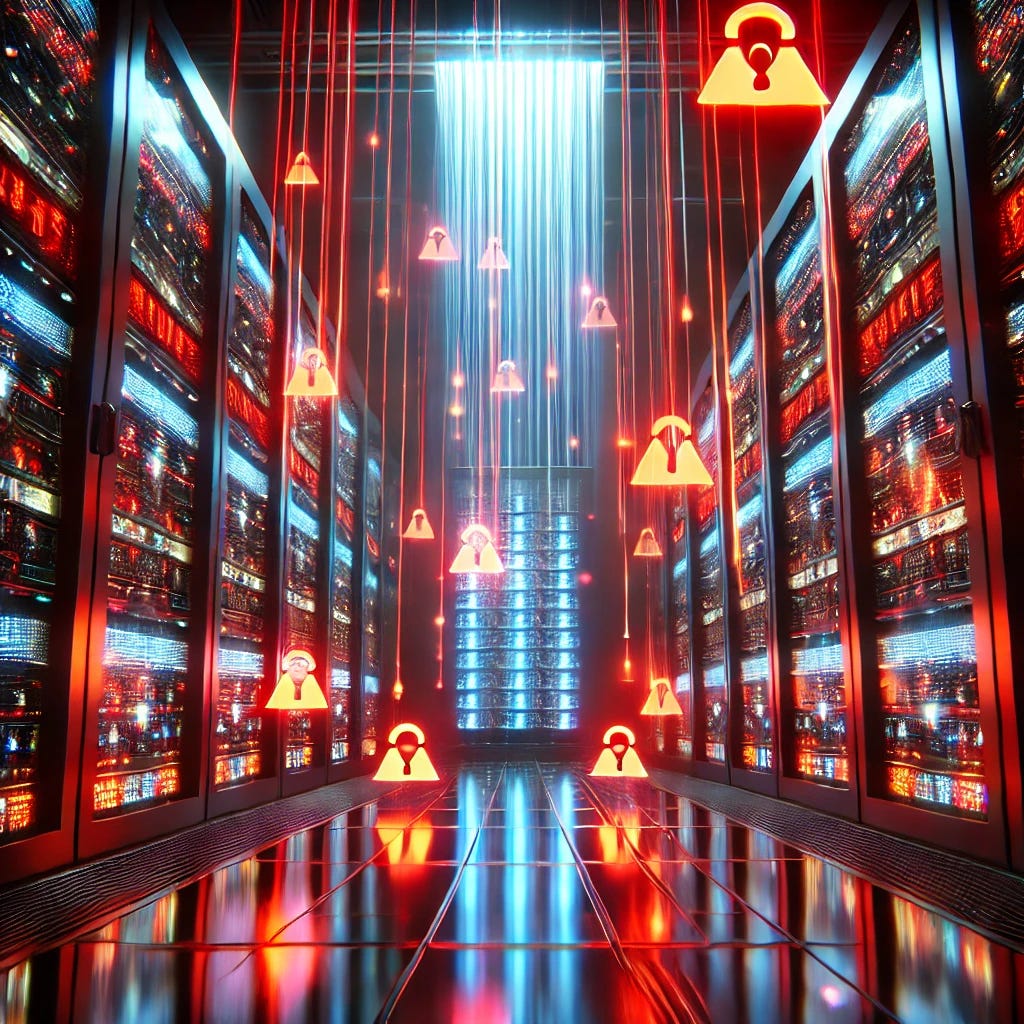 A high-definition artistic rendering of a futuristic server room being hacked, with neon light reflections and cascading streams of red alert symbols. The scene is dark and intense, showing both glowing computer systems and a sense of vulnerability, perfectly capturing the drama of a cyber attack. Use cyberpunk-inspired elements to captivate the audience.