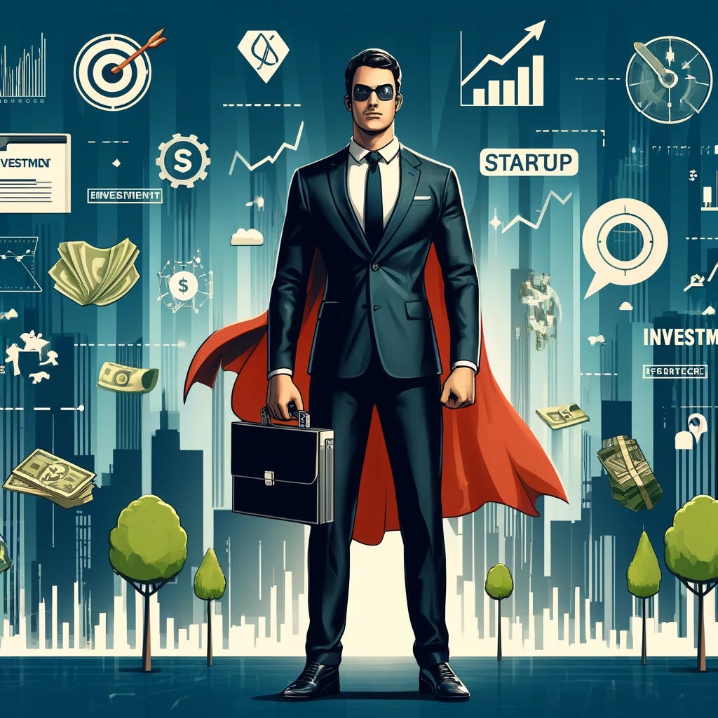 A superhero wearing a sleek suit, standing confidently with a briefcase full of money and documents labeled 'Investments'. The background features a modern cityscape with tall buildings, and various symbols of investment like stock charts, startup logos, trees representing forest investments, and luxury items like cars and watches subtly integrated into the scene. The superhero should have a determined expression, symbolizing smart and powerful investing.