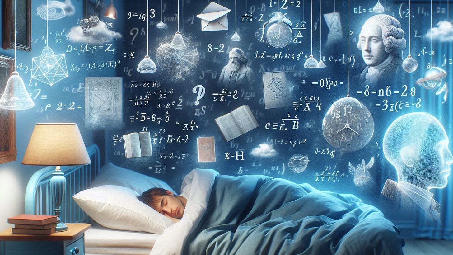 Photo of a boy sleeping and calculations, books, and historical figures floating above his head indicating that he's learning while he's sleeping.