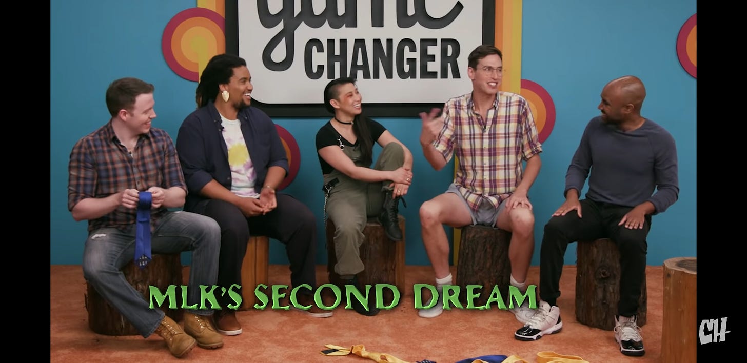 from left to right, brennan lee mulligan, lou wilson, erika ishii, grant o'brien, and raphael chestang in episode 2 of game changer: survivor. their team name is "mlk's second dream."