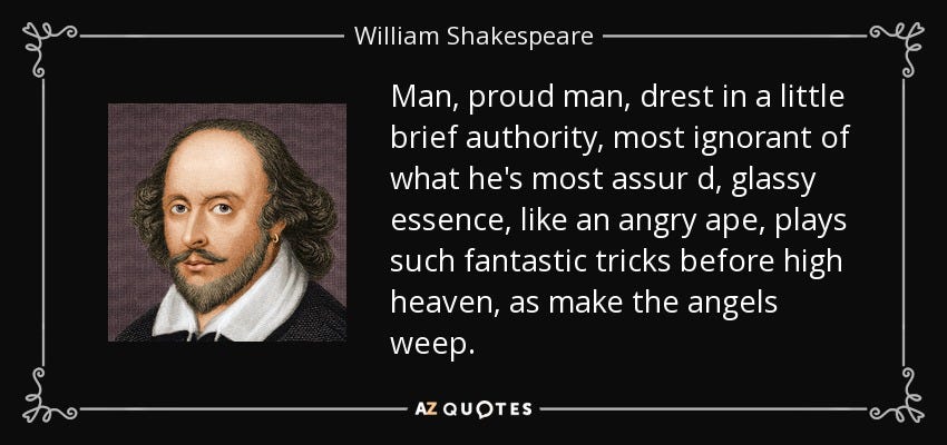 William Shakespeare quote: Man, proud man, drest in a little brief authority,  most...