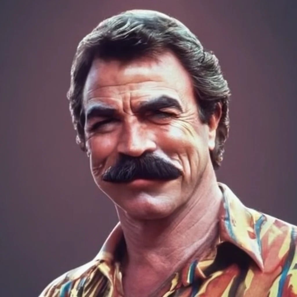 tom selleck with mustache and wearing hawiaan shirt