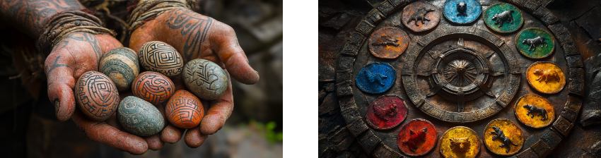 Two images depicting ancient or tribal artifacts. The left image shows tattooed hands holding several carved stones with intricate geometric patterns, each stone in earthy tones of gray, orange, and brown, suggesting objects of cultural or spiritual significance. The right image displays a circular stone structure divided into segments, each containing an animal figure carved in relief against a colored background (blue, green, red, yellow, and orange), resembling a ritualistic or symbolic wheel, possibly representing different elements, animals, or deities.