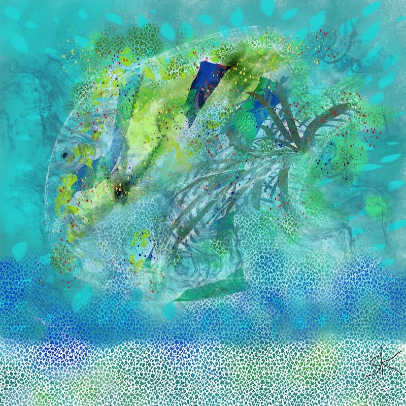 Sherry Killam's abstract painting of an undersea creature in blues and greens.