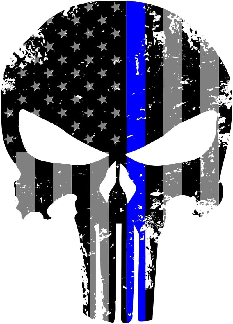 The Punisher logo-- a skull-- printed with a grayscale American flag with one line blue (the thin blue line flag).