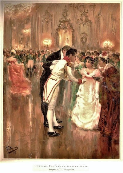Elegantly dressed dancers bow to each other at a ball.