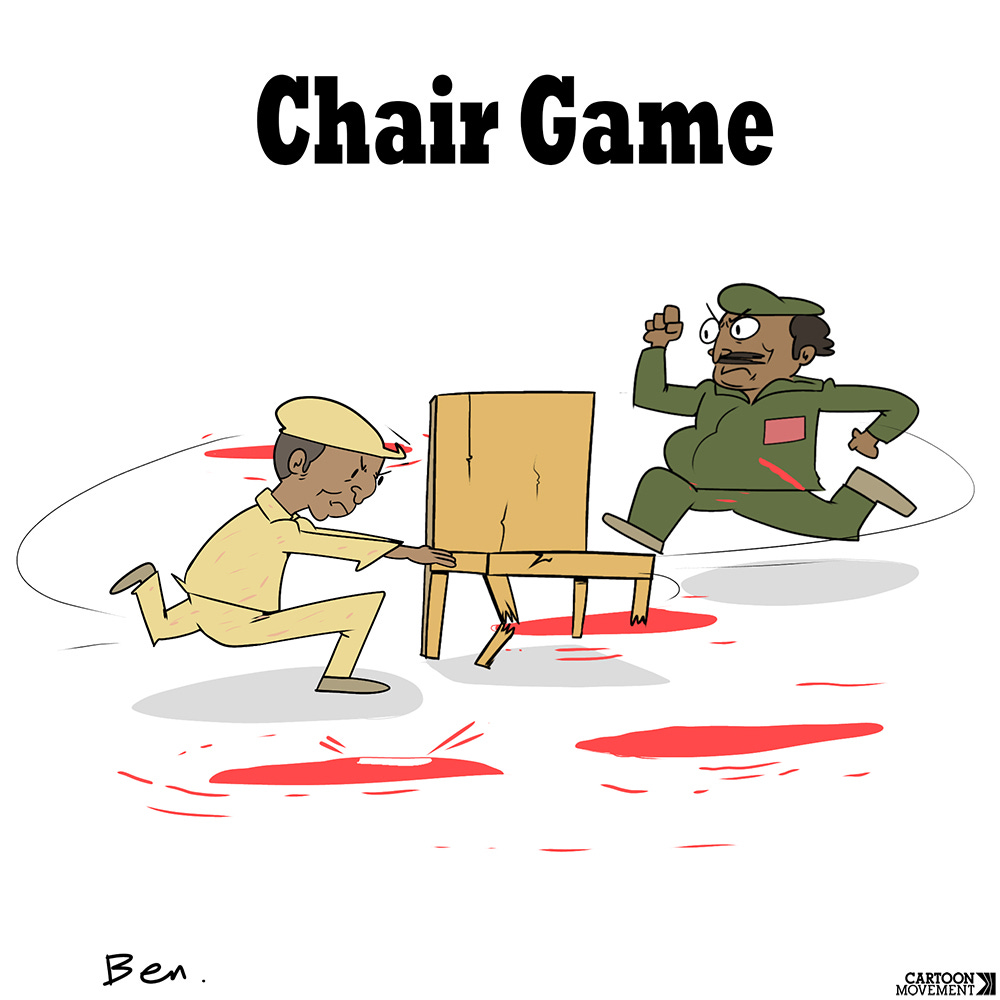 Cartoon showing Sudan’s warring generals, military chief Gen. Abdel-Fattah Burhan and Gen. Mohammed Hamdan Dagalo, commander of the paramilitary Rapid Support Forces, playing a game of musical chairs, with just one chair with broken legs and pools of blood around it.