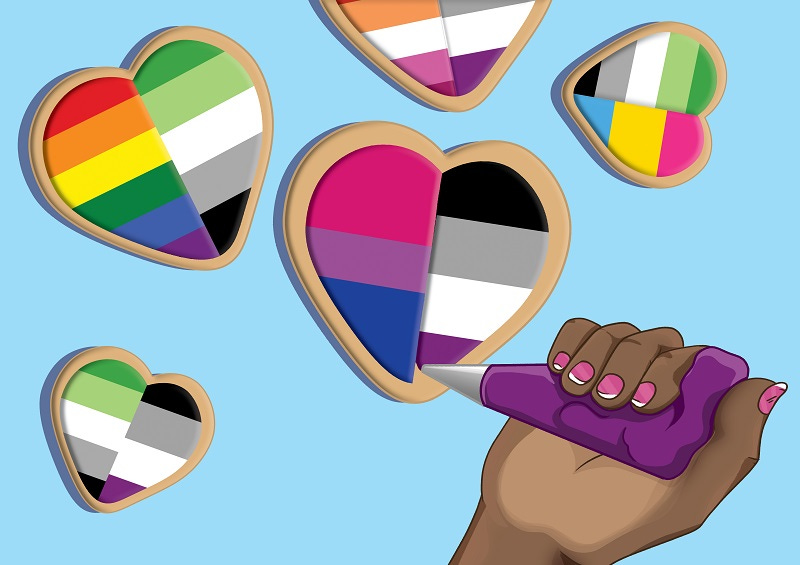 An image of heart-shaped cookies split in half, with different pride flags painted on each half of the cookie. It is a visual representation of the split attraction model.