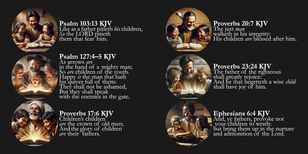 The image showcases illustrations of fathers with their children, each paired with a Bible verse about fatherhood from the King James Version. The scenes depict fathers reading and spending quality time with their children, emphasizing themes of love, joy, integrity, and nurturing. These visuals aim to convey the importance of a father's role in the family, as highlighted in the biblical passages. This is a preview of a Father's Day KJV Card product. 