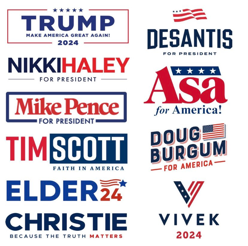 G. L. on Twitter: "Brief thoughts on 2024 GOP primary logos: Trump - McCain  '08 DeSantis - Beto/Old Navy Haley - Trump '16 Asa - Jeb! Pence - Bernie??  Scott - Squarespace