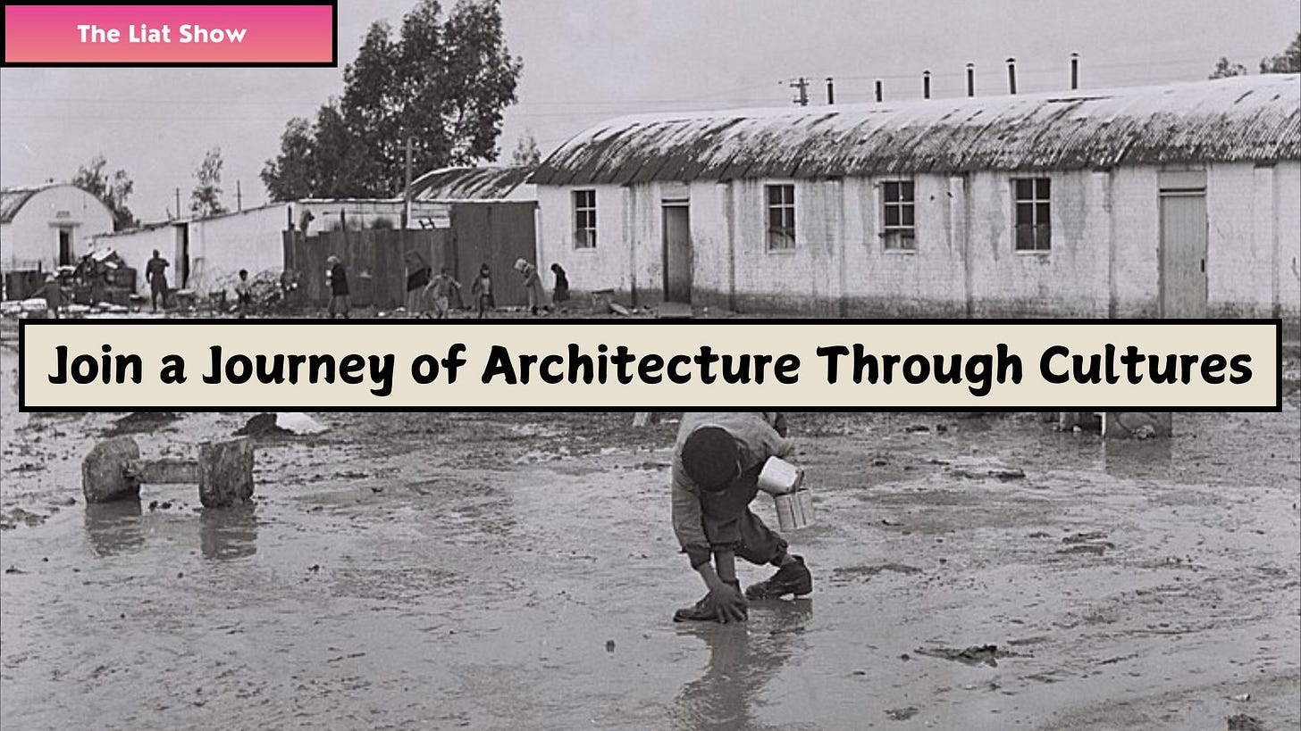 The Liat Show: Ma’abarat Rosh Ha’Ayin, early 1950s. In the picture: A black-and-white photo shows a child bending down to touch the muddy ground, holding a small metal container. The entire area is covered in wet, thick mud after heavy rain. In the background are long rows of tin-roofed barracks used as immigrant housing. Several people walk cautiously in the distance, and puddles dominate the foreground. This striking image reflects the harsh living conditions in Ma’abarot and the resilience of its youngest residents.The Liat Show: Ma’abarat Rosh Ha’Ayin, early 1950s. In the picture: A man walks through thick mud in front of tin-roof buildings, holding a metal container in one hand. Other residents move about in the background. The muddy conditions reflect the harsh realities of daily life in the Ma’abara during winter.