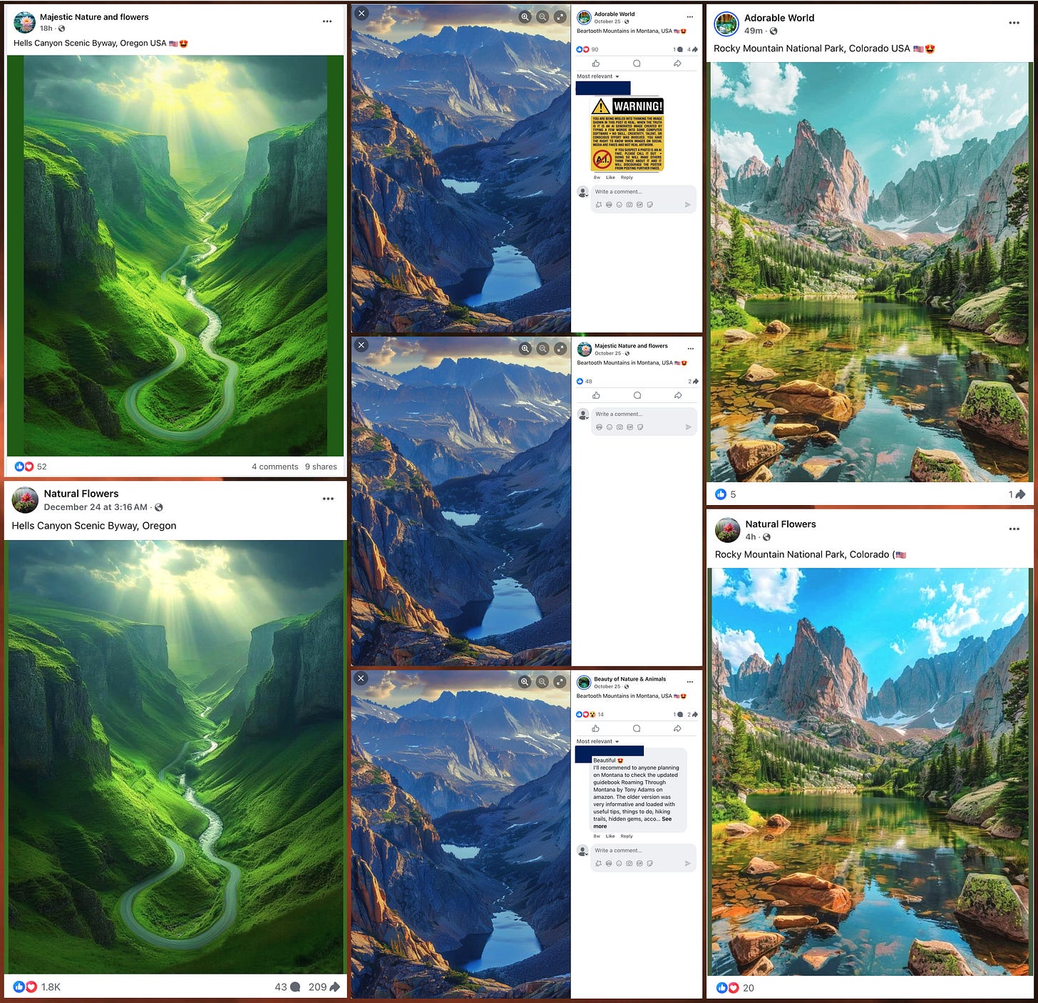 collage of Facebook posts containing duplicate AI-generated images