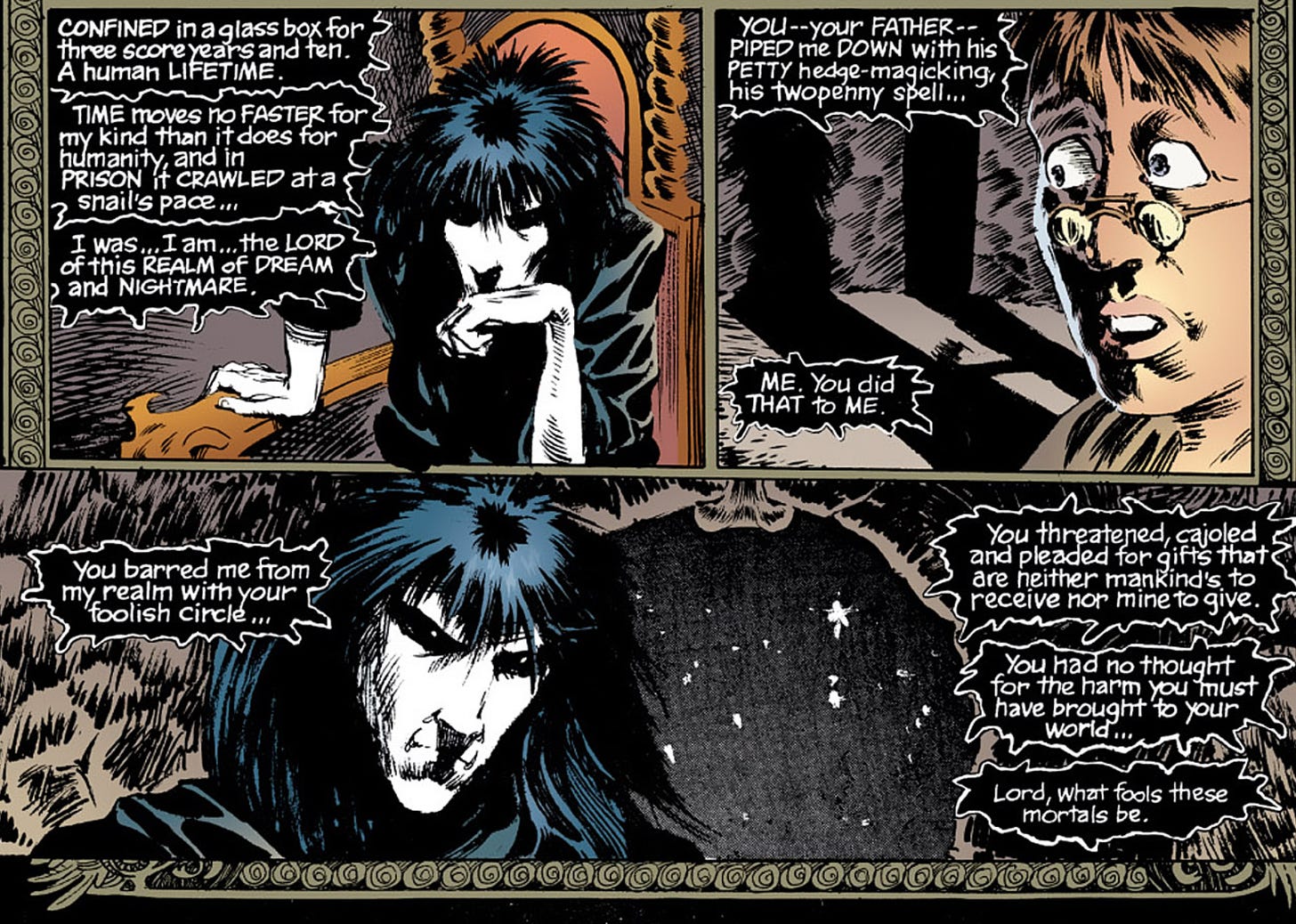 A comic panel from Sleep of the Just, depicting Dream in conversation with Alex Burgess