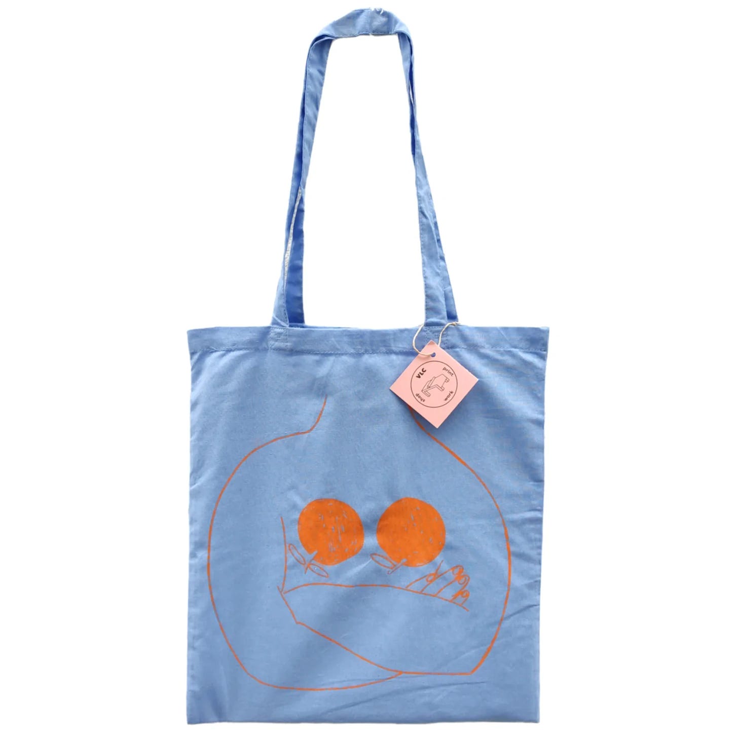 totebag de color azul con dibujo naranja ilustrada y serigrafiada por mar rubio en vlc print work shop en valencia ruzafa