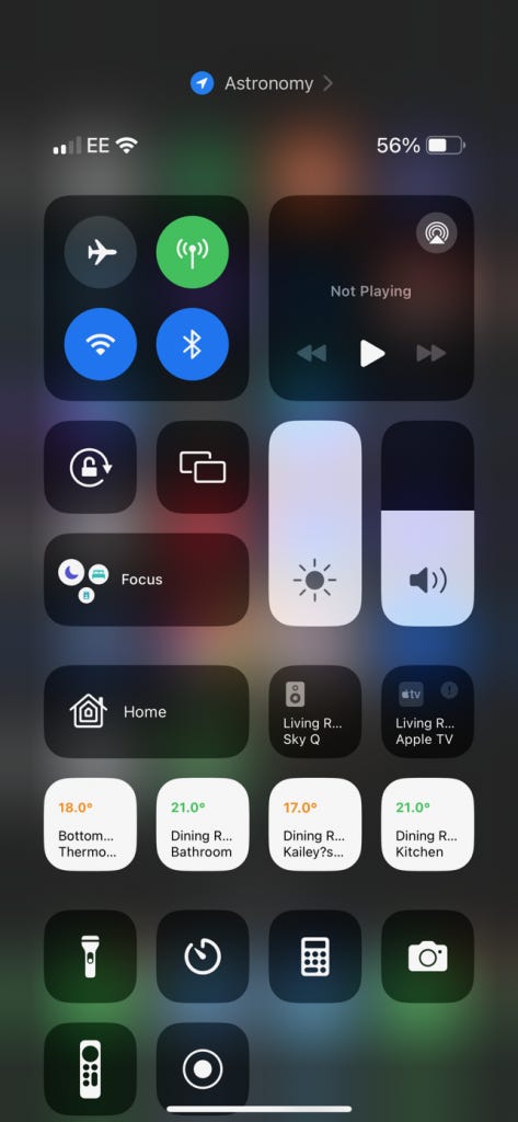 Screenshot on iPhone showing control centre