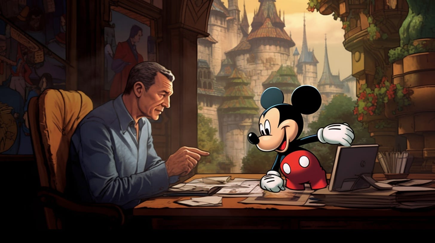 Disney CEO Bob Iger sitting at a desk surrounded by fantastical scenery, giving feedback to an employee, Mickey Mouse.