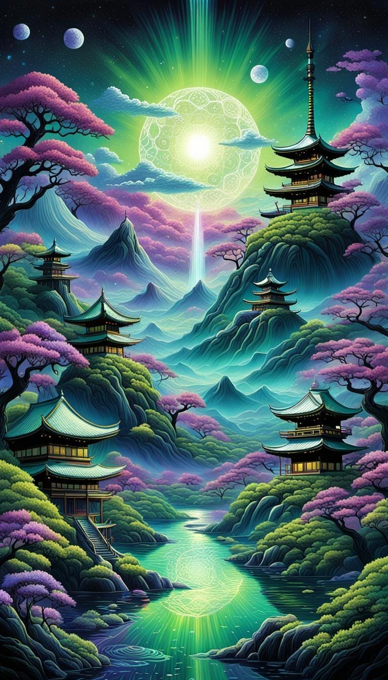 vibrant, magical landscape of mountains, fog and cherry blossom trees in a style reminiscent of Chinese landscape art