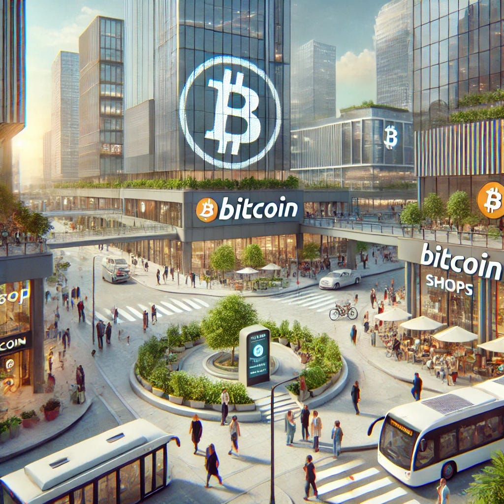 A futuristic city thriving under a Bitcoin Standard with a subtle integration of Bitcoin elements: a lively urban square surrounded by sleek, modern buildings. The architecture features minimal Bitcoin branding, such as a single discreet Bitcoin logo on a payment kiosk and subtle hints on shop signs. The scene includes people interacting, walking, and shopping, with advanced transportation like electric buses and bikes. Green spaces and solar panels emphasize sustainability. The atmosphere is vibrant and harmonious, focusing more on the community and daily life than overt Bitcoin imagery.