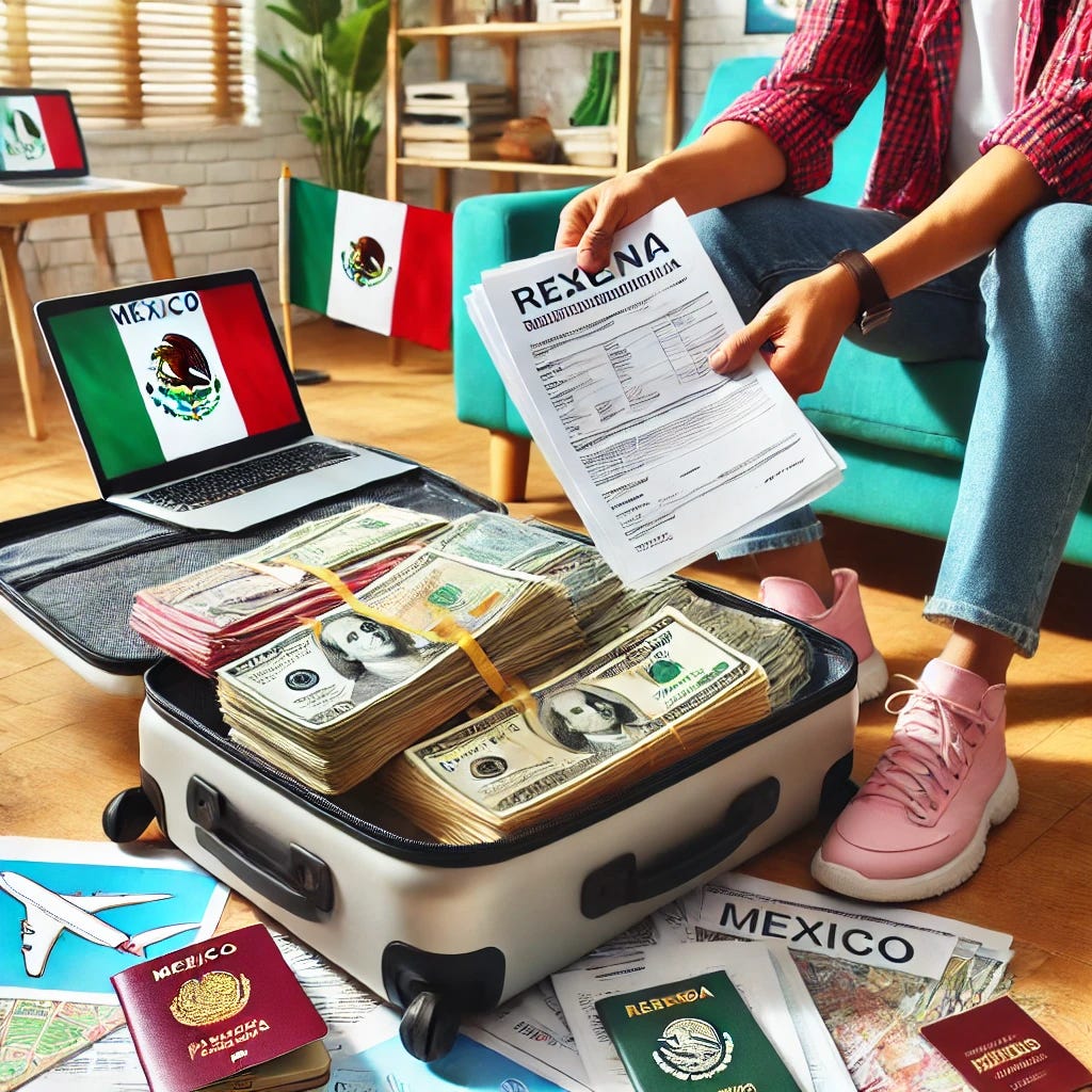 A fun and energetic image of a person packing their suitcase with a stack of financial documents and a laptop ready for their move to Mexico. The room is bright and colorful, with travel items scattered around like a passport, maps, and a Mexican flag. The mood is joyful, showing the excitement of being prepared for their residency journey. The scene captures the mix of adventure and paperwork involved in relocating to Mexico.