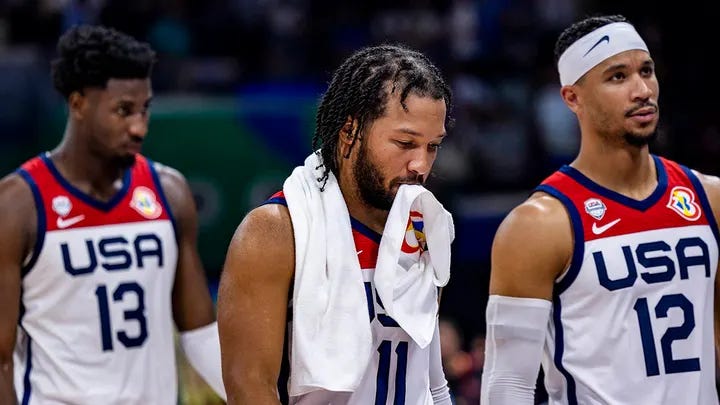 Jaren Jackson Jr., Jalen Brunson, and Josh Hart after their loss to Germany in the 2023 FIBA World Cup