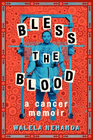A book cover with a background of what look like red blood cells. At the center is a nonbinary Black cancer patient in blue hues standing under the frame of a large medical device, behind the book’s title.