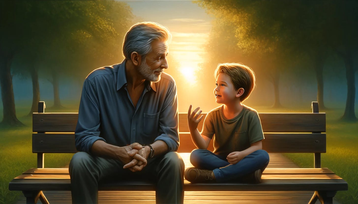 A widescreen oil painting of a father and son having a heartfelt conversation. The scene features the two sitting closely on a park bench. The father, an older man with greying hair and a gentle expression, listens attentively to his young son, who is animatedly speaking. A warm, bright light shines between them, highlighting their faces and creating an intimate, serene atmosphere. The background is a lush green park with soft, blurred trees and a gentle sunset in the distance.