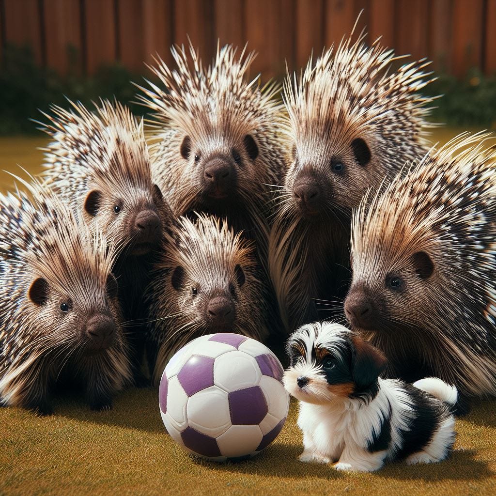 Puppy playing soccer against group of porcupines