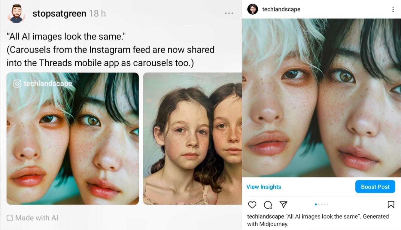 A carousel of images in Threads, and the same carousel in Instagram