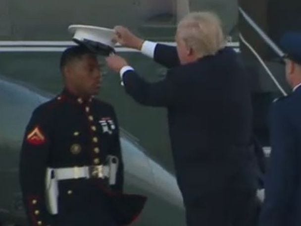 Trump stopping to pick up Marine's hat blown away by wind is president's  latest viral moment - ABC News