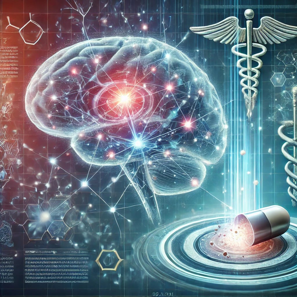 A futuristic medical illustration of a migraine treatment concept. The image shows a detailed neural pathway highlighted with a glowing effect, representing the targeted action of a new migraine medication. A digital overlay showcases a pill dissolving, releasing molecules that interact with nerves in the brain. The background is a scientific setting with abstract medical charts and a subtle blue gradient, conveying innovation and relief.