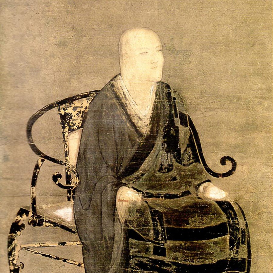 A portrait of Eihei Dogen c. 1253, by an unknown painter. man with a shaven head and priest’s robes sits in a chair with decoratively curling arm-rests. He is gazing to the left and slightly upwards.