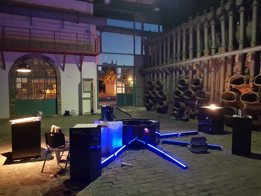 Photo showing a partially built Cave of Sounds at Athens Science Festival in 2018. Photo by Tim Murray-Browne