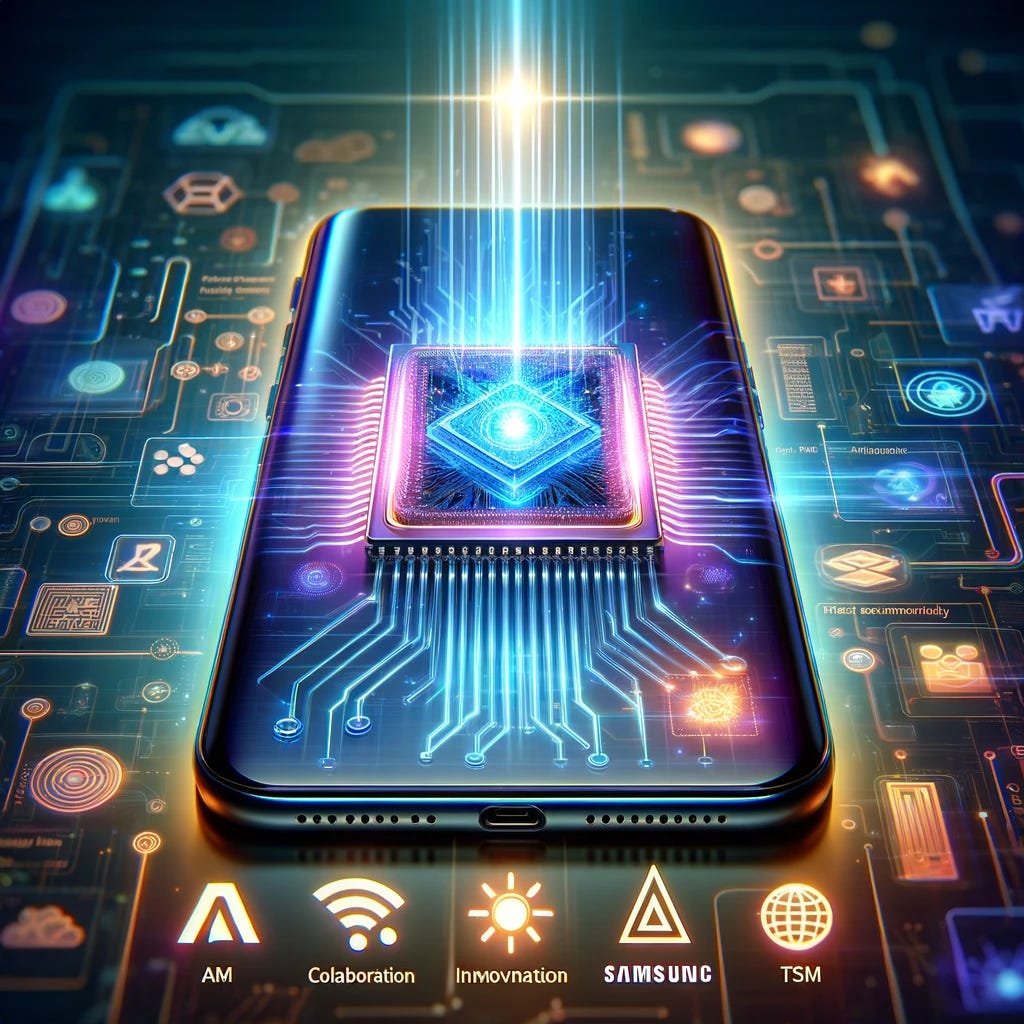 A futuristic smartphone with a glowing AI chip inside, showcasing advanced technology. The background includes symbols of collaboration between tech companies, like logos of Arm, Samsung, and TSMC. The overall theme should emphasize innovation, enhanced performance, and power efficiency. The image should be vibrant and dynamic, highlighting the new AI capabilities and software tools for smartphones.