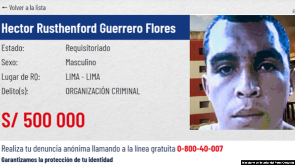 Perú ofrece una recompensa por información para capturar al "Niño Guerrero", jefe de la organización criminal "El Tren de Aragua". Captura de pantalla del Programa de Recompensas del Perú.