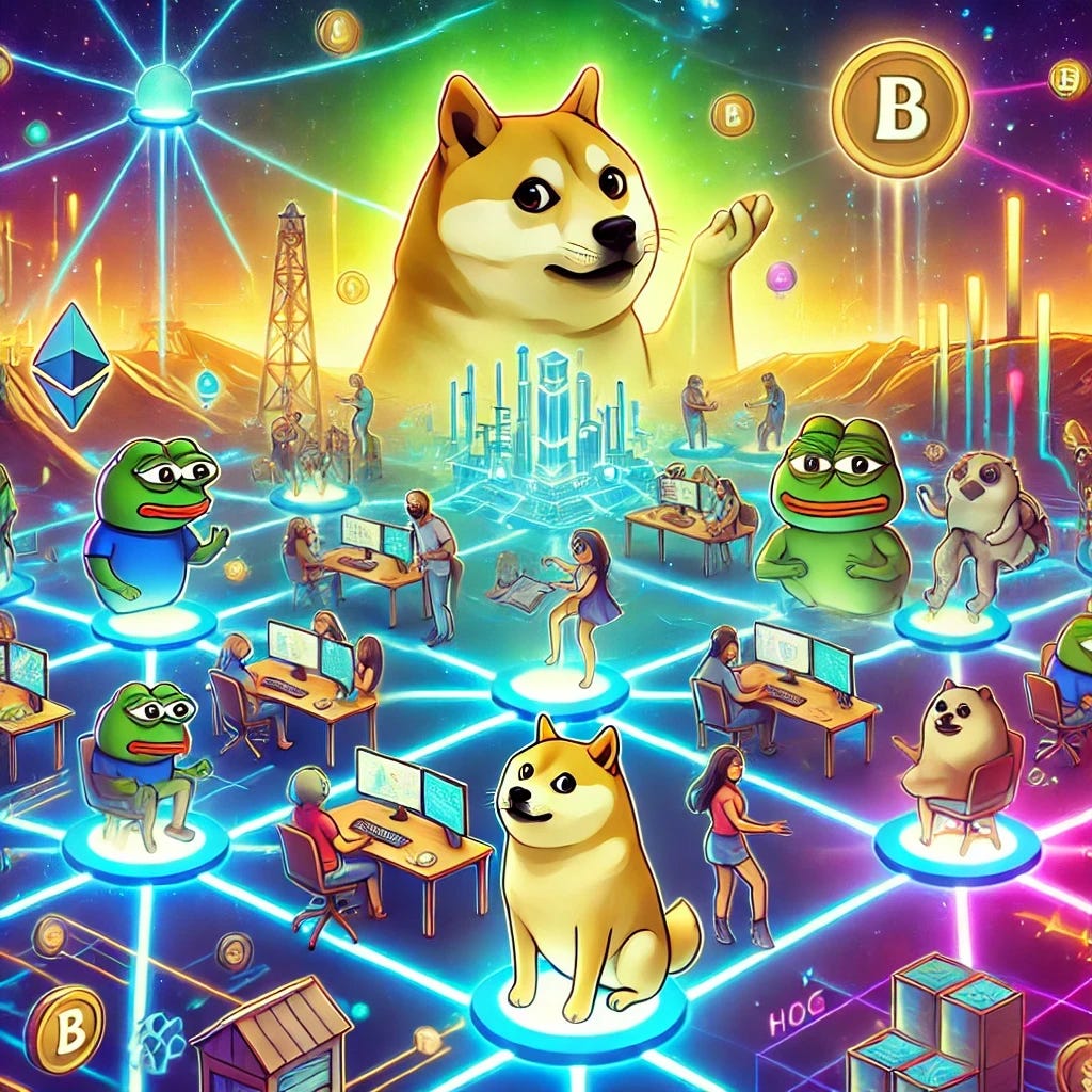 A digital illustration showing characters inspired by popular memecoins like Doge and Pepe in a vibrant, decentralized ecosystem. The scene features interconnected glowing pathways and collaborative hubs where characters are actively engaging in governance, building utilities, and interacting. The environment symbolizes shared ownership and alignment, showcasing a dynamic and inclusive ecosystem. The background is futuristic and colorful, emphasizing collaboration, trust, and collective growth. No text or symbols included.