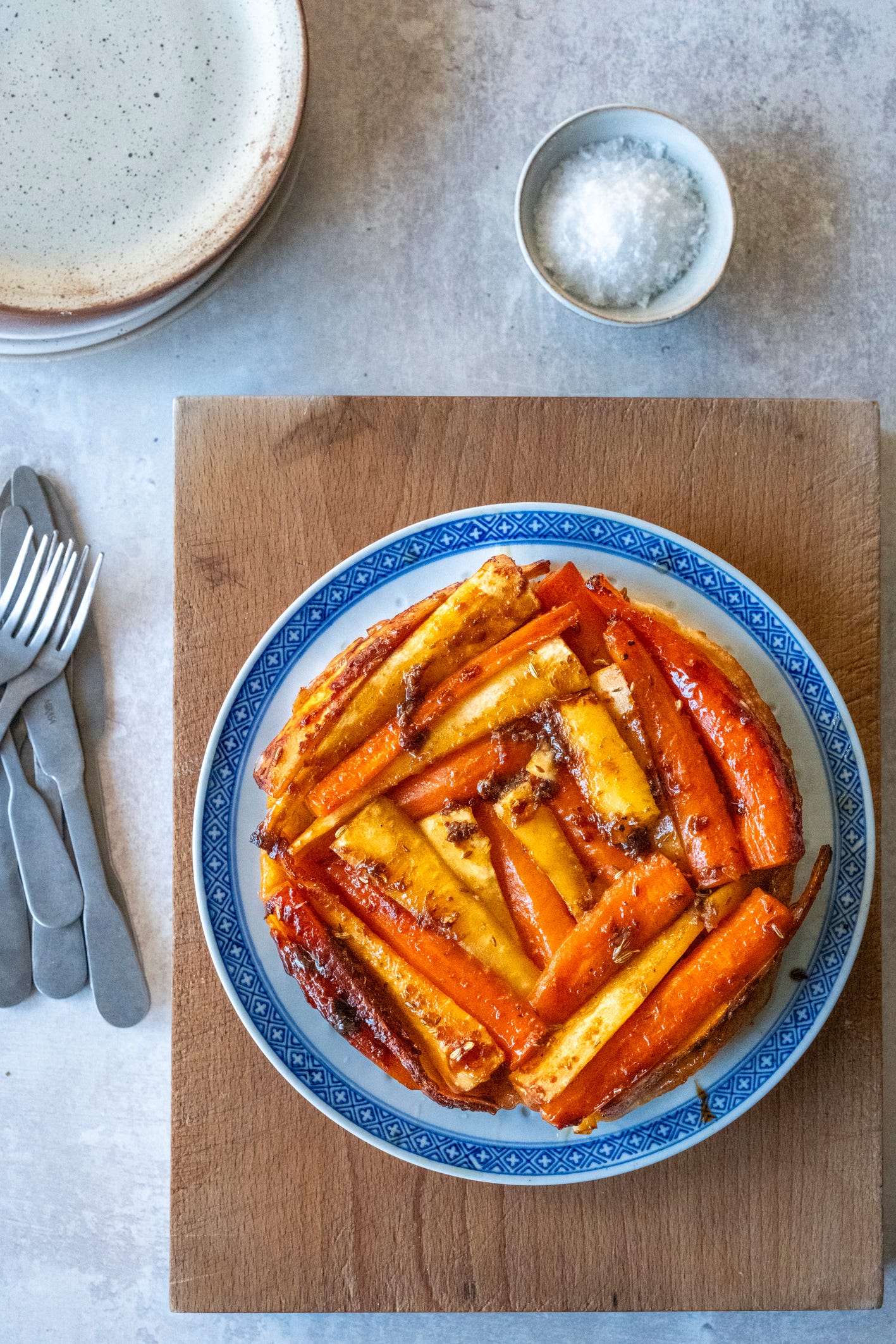 Parsnip and carrot maple-miso tart tatin