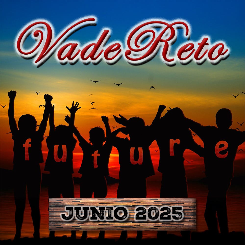 Descripción del logo: En el fondo de la imagen se ve la silueta de seis niños, de espalda a la cámara, mirando hacia un atardecer. En cada uno de ellos aparece recortada una letra de la palabra «future». Todos tienen una postura festiva, mostrando una actitud positiva hacia esa palabra que representa algo importante para ellos. Predominan los colores naranjas, amarillos y azul del fondo; y el negro de las siluetas. En la parte superior, aparece el texto "VadeReto", con fuente «Edwardian Script» en rojo, con relieve, sombra y con trazo blanco bordeándolo. En la zona inferior, sobre una placa de madera oscura con biseles, encima aparece grabado el mes y año en curso, en color negro con trazo exterior blanco. La imagen queda formando un cuadrado, con los textos centrados horizontalmente.
