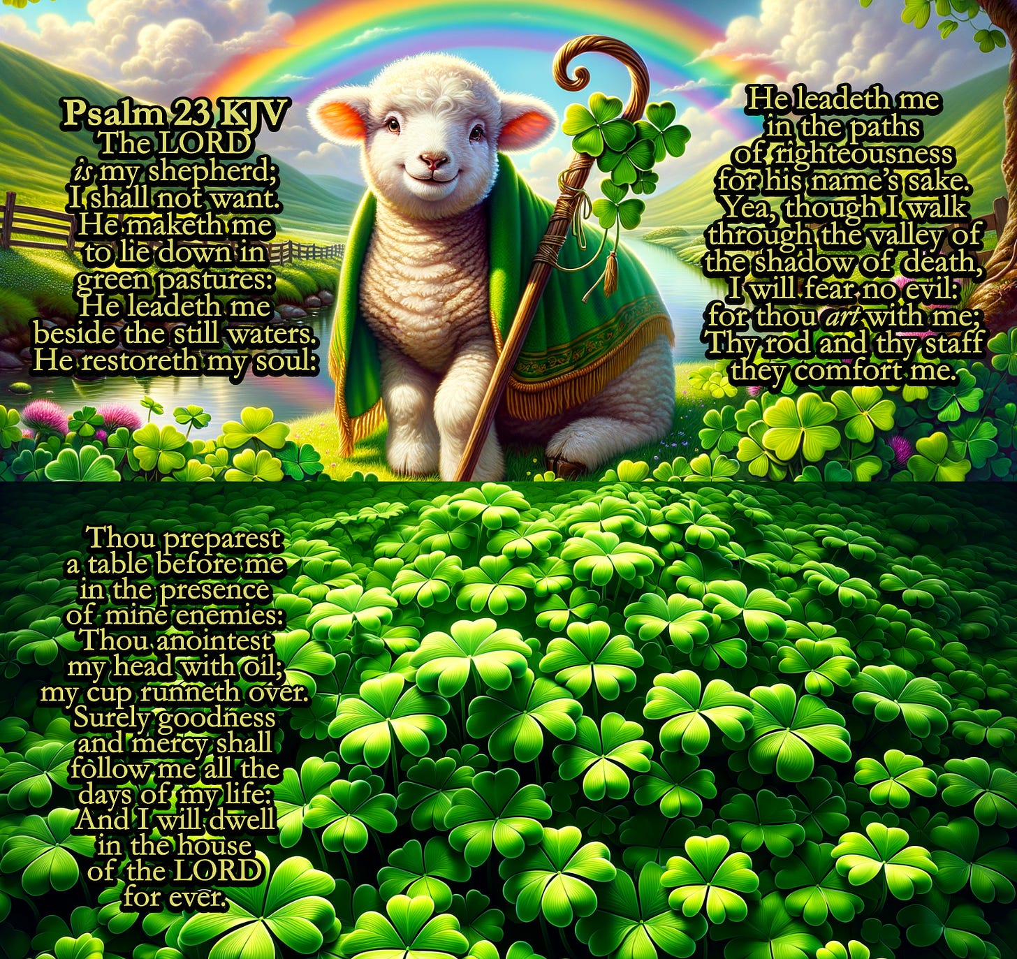 This image is a vibrant and colorful illustration that combines visual elements with text. It appears to be a religious or spiritual themed picture featuring the text of Psalm 23 from the King James Version of the Bible, laid out in an attractive, decorative font over different sections of the image.  The central figure in the image is a cute, fluffy white lamb standing on the right side. The lamb has a sweet expression, with a slight smile and soft, friendly eyes, giving it a gentle and peaceful appearance. It is wrapped in a green cloak with gold trim, which drapes over its back and around its body. The lamb is holding a shepherd's crook that also has a green and gold design, matching the cloak.  The background depicts a picturesque landscape under a bright sky with rolling hills, lush green grass, and a variety of plants. In the upper left corner, there's a rainbow arching over the hills. The image is divided by the text of the Psalm, which is placed over the sky and the hillside in the background.  The foreground is dominated by a dense carpet of green clover leaves, creating a lush field that covers the lower third of the image. The leaves are large, healthy, and have a rich green hue, contributing to the overall theme of growth and vitality.  The text itself is arranged in blocks, with different portions of the Psalm highlighted in separate areas. The font color varies from white to yellow, ensuring readability against the varied colors of the background. The entire scene emits a sense of tranquility and comfort, aligning with the themes of guidance and protection mentioned in the Psalm.