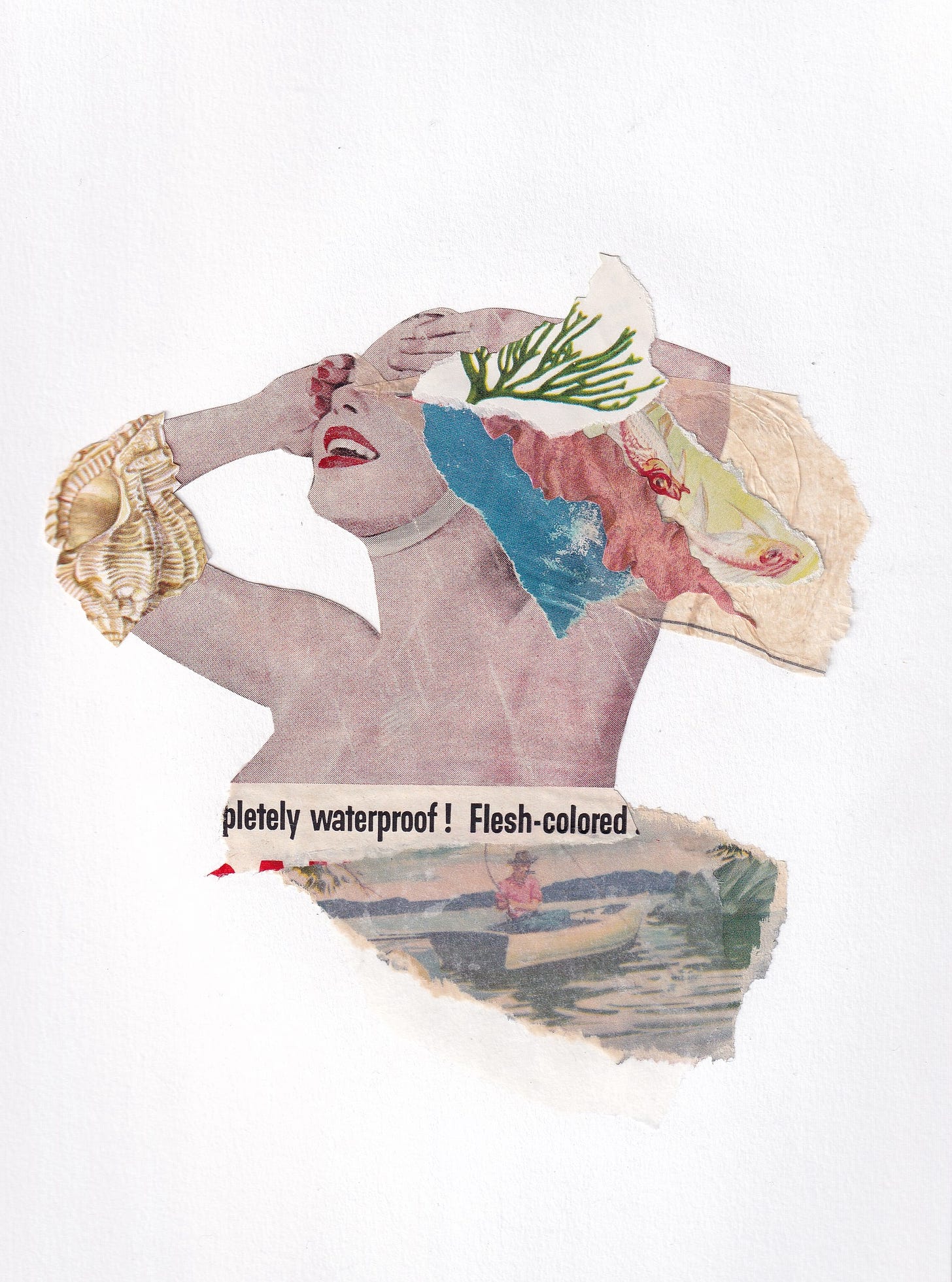 art collage. at center is a swimmer emerging from water, hands over her eyes. her chest is covered by text that reads "letely waterproof! Flesh-colored!" and scraps of ephemera obscure other parts of her body and face
