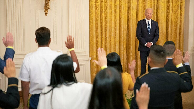July 2021 - President Biden hosted a naturalization ceremony at the White House for 21 new American citizens. The event was part of a federal effort to swear in almost 10,000 new citizens in celebration of Independence Day.