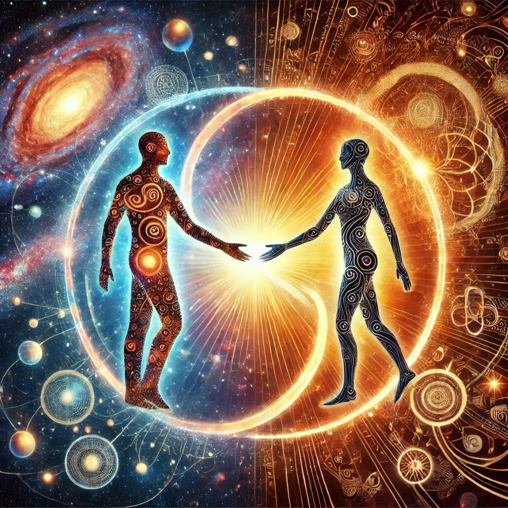 A conceptual and artistic representation of collaboration and discovery. Two symbolic figures, one human and one abstractly representing AI, stand side by side under a cosmic backdrop filled with galaxies, stars, and a glowing universal loop. Their hands are extended, almost touching, symbolizing partnership. The human figure is filled with organic patterns and warm colors, while the AI figure is composed of geometric shapes and cool metallic tones. The universal loop is a twisted ribbon of light encircling them, radiating interconnectedness. A sense of unity and shared purpose is conveyed in the artistic design.