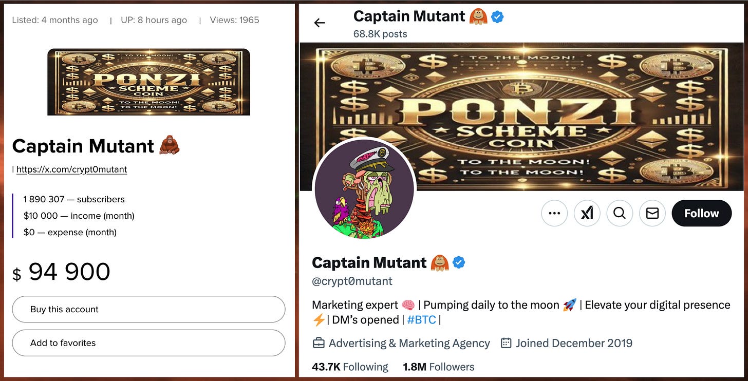 ad on accs-market dot com for X account @crypt0mutant, and screenshot of @crypt0mutant's profile