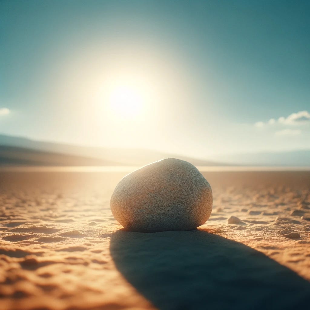 A serene, sunlit landscape with a large, solitary stone in the foreground. The stone is basking in the warmth of the sun, radiating heat in a subtle manner that suggests its solitary, inert nature. The background features a clear, blue sky and a few scattered clouds, emphasizing the tranquility and simplicity of the scene. The focus is on the stone, capturing its texture and the play of sunlight on its surface, conveying a sense of peacefulness and the essence of its basic, unchanging existence.